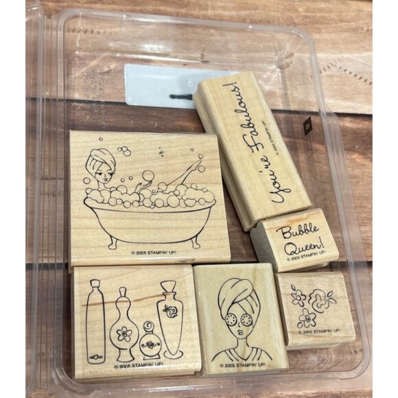 RARE Stampin Up! Bubble Queen Wood-Mounted Rubber Stamp Set bathtub spa - Picture 1 of 5